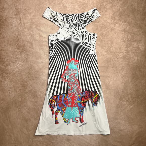 Save the Queen Sun Midi Shift Dress Cowgirl Horse Pop Art Sleeveless Stretch Y2K - Picture 4 of 10